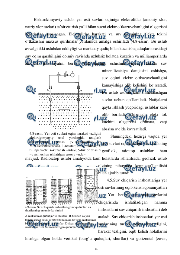  
14 
 
Elektrokimyoviy uslub, yer osti suvlari oqimiga elektrolitlar (amoniy xlor, 
natriy xlor tuzlari) ta’sir ettirish yo‘li bilan suvni elektr o‘tkazuvchanligini o‘zgarishi 
holatlariga asoslangan. Elektrolitlar harakati va suv oqimining elektr tokini 
o‘tkazishni maxsus qurilmalar yordamida amalga oshiriladi (4.8-rasm). Bu uslub 
avvalgi ikki uslubdan oddiyligi va markaziy qudiq bilan kuzatish quduqlari orasidagi 
suv oqim qarshiligini doimiy ravishda uzluksiz holatda kuzatish va milliamperlarda 
aniqlash imkoniyatini beradi. Tok kuchini oshishini vujudga kelishi suv 
mineralizatsiya darajasini oshishga, 
suv oqimi elektr o‘tkazuvchanligini 
kamayishiga olib kelishini ko‘rsatadi. 
Bu uslub asosan kam mineralashgan 
suvlar uchun qo‘llaniladi. Natijalarni 
qayta ishlash yuqoridagi uslublar kabi 
olib boriladi. Chizmada elekr tok 
kuchini o‘zgarishi ordinata, vaqt 
abssisa o‘qida ko‘rsatiladi. 
Shuningdek, hozirgi vaqtda yer 
osti suvlari oqim tezligini aniqlashning 
geofizik, 
raioitop 
uslublari 
ham 
mavjud. Radioiztop uslubi amaliyotda kam holatlarda ishlatilsada, geofizik uslub 
o‘zining nihoyatda keng qo‘llanilishi 
bilan ajralib turadi. 
4.5.Suv chiqarish inshoatlariga yer 
osti suvlarining oqib kelish qonuniyatlari 
 Yer betiga yer osti suvlarini 
chiqarishda 
ishlatiladigan 
hamma 
inshoatlarni suv chiqarish inshoatlari deb 
ataladi. Suv chiqarish inshoatlari yer osti 
suvlarining turlari, oqish chuqurligini, 
harakat tezligini, oqib kelish holatlarini 
hisobga olgan holda vertikal (burg‘u quduqlari, shurflar) va gorizontal (zovir, 
 
4.8-rasm. Yer osti suvlari oqim harakati tezligini 
elektrokimyoviy 
usul 
yordamida 
aniqlash 
qurilmasining 
sxemasi 
(V.D.Babushkin 
va 
M.V.Sedenkolardan). 1-reostat; 2-tok manbai; 3-
tilliapermetr; 4-kuzatish =udu\i; 5-tuz eritmasini 
=uyish uchun ishlatilgan asosiy =udu= 
 
4.9-rasm. Suv chiqarish inshoatlari-grunt quduqlari va 
shurflarning umumiy ko‘rinishi 
A-mukammal quduqlar va shurflar; B-tubidan va yon 
tomonlaridan suvni o‘tkazishi mumkin bo‘lgan mukammal 
bo‘lmagan quduqlar va shurflar; D-faqat tub tomonidan 
suvni o‘tkazishi mumkin bo‘lgan quduqlar va shurflar 

