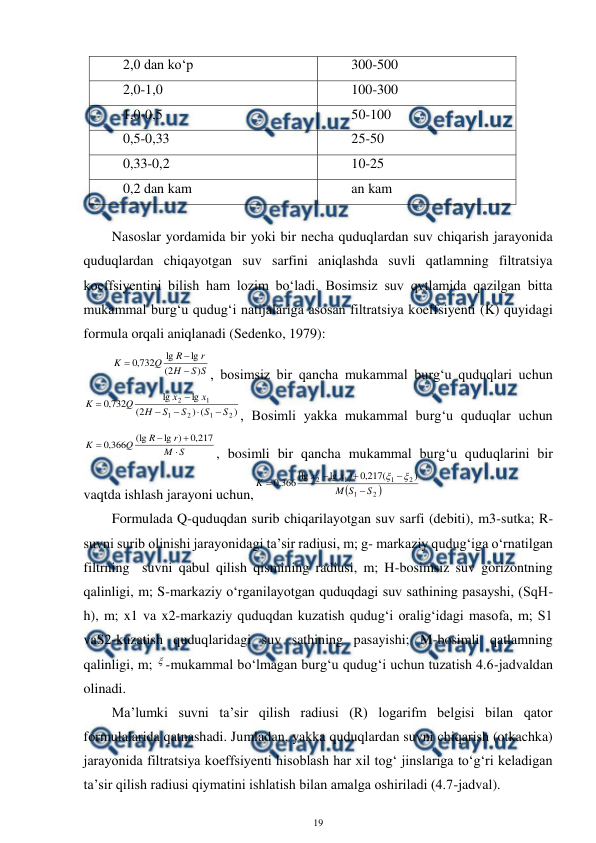  
19 
 
2,0 dan ko‘p 
300-500 
2,0-1,0 
100-300 
1,0-0,5 
50-100 
0,5-0,33 
25-50 
0,33-0,2 
10-25 
0,2 dan kam 
an kam 
 
Nasoslar yordamida bir yoki bir necha quduqlardan suv chiqarish jarayonida 
quduqlardan chiqayotgan suv sarfini aniqlashda suvli qatlamning filtratsiya 
koeffsiyentini bilish ham lozim bo‘ladi. Bosimsiz suv qvtlamida qazilgan bitta 
mukammal burg‘u qudug‘i natijalariga asosan filtratsiya koeffsiyenti (K) quyidagi 
formula orqali aniqlanadi (Sedenko, 1979): 
S
S
H
r
R
Q
K
)
2
(
lg
lg
732
,
0



, bosimsiz bir qancha mukammal burg‘u quduqlari uchun
)
(
)
2
(
lg
lg
732
,
0
2
1
2
1
1
2
S
S
S
S
H
x
x
Q
K






, Bosimli yakka mukammal burg‘u quduqlar uchun
S
M
r
R
Q
K




217
,
0
)
lg
(lg
366
,
0
, bosimli bir qancha mukammal burg‘u quduqlarini bir 
vaqtda ishlash jarayoni uchun,




2
1
2
1
1
2
)
(
217
,
0
lg
lg
366
,
0
S
S
M
x
x
K







 
Formulada Q-quduqdan surib chiqarilayotgan suv sarfi (debiti), m3-sutka; R-
suvni surib olinishi jarayonidagi ta’sir radiusi, m; g- markaziy qudug‘iga o‘rnatilgan 
filtrning  suvni qabul qilish qismining radiusi, m; H-bosimsiz suv gorizontning 
qalinligi, m; S-markaziy o‘rganilayotgan quduqdagi suv sathining pasayshi, (SqH-
h), m; x1 va x2-markaziy quduqdan kuzatish qudug‘i oralig‘idagi masofa, m; S1 
vaS2-kuzatish quduqlaridagi suv sathining pasayishi; M-bosimli qatlamning 
qalinligi, m; -mukammal bo‘lmagan burg‘u qudug‘i uchun tuzatish 4.6-jadvaldan 
olinadi. 
Ma’lumki suvni ta’sir qilish radiusi (R) logarifm belgisi bilan qator 
formulalarida qatnashadi. Jumladan, yakka quduqlardan suvni chiqarish (otkachka) 
jarayonida filtratsiya koeffsiyenti hisoblash har xil tog‘ jinslariga to‘g‘ri keladigan 
ta’sir qilish radiusi qiymatini ishlatish bilan amalga oshiriladi (4.7-jadval). 
