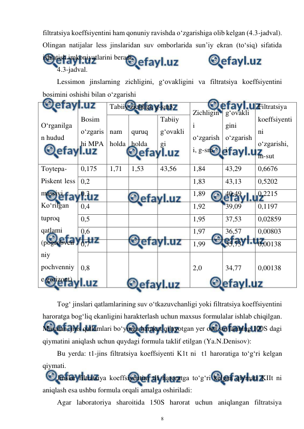  
8 
 
filtratsiya koeffsiyentini ham qonuniy ravishda o‘zgarishiga olib kelgan (4.3-jadval). 
Olingan natijalar less jinslaridan suv omborlarida sun’iy ekran (to‘siq) sifatida 
ishlatish imkoniyatlarini beradi. 
4.3-jadval. 
Lessimon jinslarning zichligini, g‘ovakligini va filtratsiya koeffsiyentini 
bosimini oshishi bilan o‘zgarishi 
O‘rganilga
n hudud 
Bosim 
o‘zgaris
hi MPA 
Tabiiy zichligi, g-sm3 
Zichligin
i 
o‘zgarish
i, g-sm 
g‘ovakli
gini 
o‘zgarish
i 
Filtratsiya 
koeffsiyenti
ni 
o‘zgarishi, 
m-sut 
nam 
holda 
quruq 
holda 
Tabiiy 
g‘ovakli
gi 
 
Toytepa-
Piskent less 
massivi. 
Ko‘rilgan 
tuproq 
qatlami 
(pogrobven
niy 
pochvenniy
e gorizont) 
0,175 
1,71 
1,53 
43,56 
1,84 
43,29 
0,6676 
0,2 
 
 
 
1,83 
43,13 
0,5202 
0,3 
 
 
 
1,89 
40,49 
0,2215 
0,4 
 
 
 
1,92 
39,09 
0,1197 
0,5 
 
 
 
1,95 
37,53 
0,02859 
0,6 
 
 
 
1,97 
36,57 
0,00803 
0,7 
 
 
 
1,99 
35,73 
0,00138 
0,8 
 
 
 
2,0 
34,77 
0,00138 
 
Tog‘ jinslari qatlamlarining suv o‘tkazuvchanligi yoki filtratsiya koeffsiyentini 
haroratga bog‘liq ekanligini harakterlash uchun maxsus formulalar ishlab chiqilgan. 
Masalan, jins qatlamlari bo‘yinga harakat qilayotgan yer osti suvlarining 100S dagi 
qiymatini aniqlash uchun quydagi formula taklif etilgan (Ya.N.Denisov): 
Bu yerda: t1-jins filtratsiya koeffsiyenti K1t ni  t1 haroratiga to‘g‘ri kelgan 
qiymati. 
Jinslar filtratsiya koeffsiyentini tII haroratga to‘g‘ri kelgan qiymati KIIt ni 
aniqlash esa ushbu formula orqali amalga oshiriladi: 
Agar laboratoriya sharoitida 150S harorat uchun aniqlangan filtratsiya 
