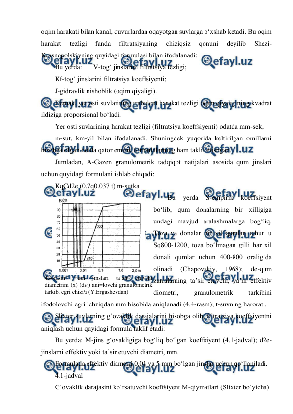 
 
oqim harakati bilan kanal, quvurlardan oqayotgan suvlarga o‘xshab ketadi. Bu oqim 
harakat 
tezligi 
fanda 
filtratsiyaning 
chiziqsiz 
qonuni 
deyilib 
Shezi-
Krasnopolskiyning quyidagi formulasi bilan ifodalanadi: 
Bu yerda:  
V-tog‘ jinslarini filtratsiya tezligi; 
Kf-tog‘ jinslarini filtratsiya koeffsiyenti; 
J-gidravlik nishoblik (oqim qiyaligi). 
Demak, yer osti suvlarining trabulent harakat tezligi oqim qiyaligining kvadrat 
ildiziga proporsional bo‘ladi. 
Yer osti suvlarining harakat tezligi (filtratsiya koeffsiyenti) odatda mm-sek, 
m-sut, km-yil bilan ifodalanadi. Shuningdek yuqorida keltirilgan omillarni 
hisobga olgan holda qator emirik formulalarning ham taklif etishgan. 
Jumladan, A-Gazen granulometrik tadqiqot natijalari asosida qum jinslari 
uchun quyidagi formulani ishlab chiqadi: 
KqCd2e (0.7q0.037 t) m-sutka 
Bu 
yerda 
S-empirik 
koeffsiyent 
bo‘lib, qum donalarning bir xilligiga 
undagi mavjud aralashmalarga bog‘liq.  
Toza va donalar bir xil qumlar uchun u 
Sq800-1200, toza bo‘lmagan gilli har xil 
donali qumlar uchun 400-800 oralig‘da  
olinadi 
(Chapovskiy, 
1968); 
de-qum 
zarralarning ta’sir etuvchi, ya’ni effektiv 
diometri, 
granulometrik 
tarkibini 
ifodolovchi egri ichziqdan mm hisobida aniqlanadi (4.4-rasm); t-suvning harorati. 
Slixter suvlarning g‘ovaklik darajalarini hisobga olib, filtratsiya koeffsiyentni 
aniqlash uchun quyidagi formula taklif etadi: 
Bu yerda: M-jins g‘ovakligiga bog‘liq bo‘lgan koeffsiyent (4.1-jadval); d2e-
jinslarni effektiv yoki ta’sir etuvchi diametri, mm. 
Formulada effektiv diametri 0,01 va 5 mm bo‘lgan jinslar uchun qo‘llaniladi. 
4.1-jadval 
G‘ovaklik darajasini ko‘rsatuvchi koeffsiyent M-qiymatlari (Slixter bo‘yicha) 
 
4.4-rasm. 
+um 
jinslari 
ta’sir 
etuvchi 
diametrini (x) (d10) ani=lovchi granulometrik 
tarkibi egri chizi\i (Y.Ergashevdan) 
