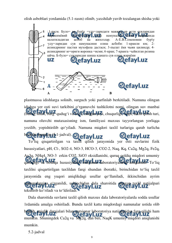  
9 
 
olish asboblari yordamida (5.1-rasm) olinib, yaxshilab yuvib tozalangan shisha yoki 
plastmassa idishlarga solinib, surguch yoki parfinlab berkitiladi. Namuna olingan 
idishga yer osti suvi tarkibini o‘rganuvchi tashkilotni nomi, olingan suv manbai 
(buloq, shurf, burg‘ qudug‘i va b.q.), olingan joyi, chuqurligi, vaqti, taxlil qilish turi, 
namuna oluvchi mutaxasisning ism, familiyasi maxsus tayyorlangan yorliqqa 
yozilib, yopishtirilib qo‘yiladi. Namuna miqdori taxlil turlariga qarab turlicha 
bo‘lishi mumkin (5.1-jadval). 
To‘liq qisqartirilgan va taxlil qilish jarayonida yer osti suvlarini fizik 
hususiyatlari, pH, Cl-, SO2-4, NO-3, HCO-3, CO2-2, Naq, Kq, Ca2q, Mg2q, Fe2q, 
Ay3q, NHq4, NO-3  erkin CO2, SiO3 oksidlanishi, quruq qoldiq miqdori umumiy 
qattiqligi va boshqa hususiyatlari statsionar laboratoriyalarda aniqlanadi. To‘liq 
taxlilni qisqartirilgan taxlildan farqi shundan iboratki, birinchidan to‘liq taxlil 
jarayonida eng yuqori aniqlikdagi usullar qo‘llaniladi, ikkinchidan ayrim 
namunalargina o‘rganildi, uchinchidan dala sharoitida olingan taxlil natijalpari 
tekshirib ko‘riladi va to‘ldiriladi. 
Dala sharoitida suvlarni taxlil qilish maxsus dala laboratoriyalarda sodda usullar 
1rdamida amalga oshiriladi. Bunda taxlil katta miqdordagi namunalar ustida olib 
borilib, aniqlik darajalari bilan statsionar laboratoriya natijalaridan farq qilishi ham 
mumkin. Shuningdek Ca2q va  Mg2q, dan biri, NaqK umumiy miqdori aniqlanishi 
mumkin. 
5.2-jadval 
5.1-расм. Було= ва бур\у =уду=ларидаги мавжуд ер ости сувларидан 
гидрокимёвий 
тад=и=отлар 
учун 
намуналар 
олиш 
жараёнида 
ишлатиладиган 
асбоб 
ва 
жихозлар. 
А-Е.В.Семеновни 
бур\у 
=уду=ларидан сув намунасини олиш асбоби: 1-кранли юк; 2-
цилиндрнинг пастки мухофаза дастаси; 3-пылат ёки чыян цилиндр; 4-
цилиндрнинг ю=ориги воронка =исми; 6-кран; 7-кранга =ыйилган резина 
найча. Б-було= сувларидан шиша идишга сув олиш жараёни 
A 
B 
