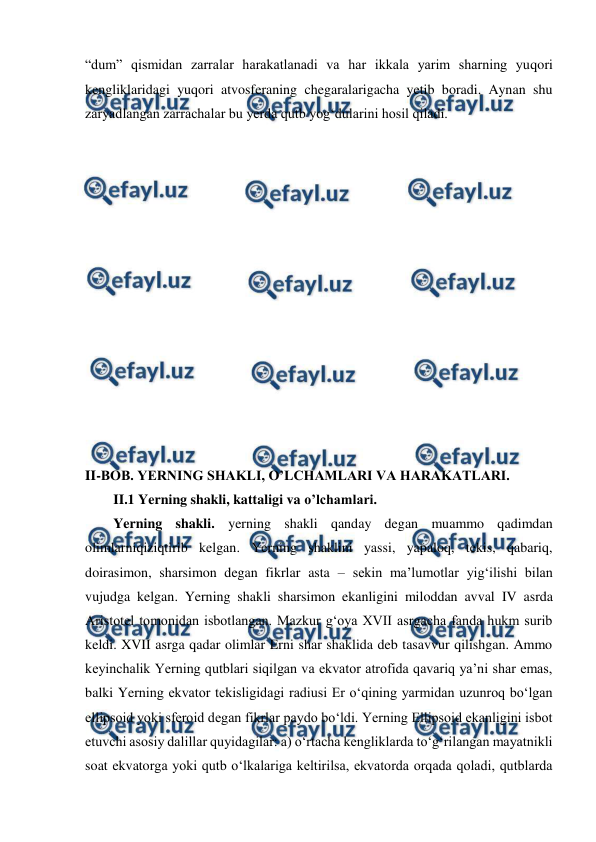  
 
“dum” qismidan zarralar harakatlanadi va har ikkala yarim sharning yuqori 
kengliklaridagi yuqori atvosferaning chegaralarigacha yetib boradi. Aynan shu 
zaryadlangan zarrachalar bu yerda qutb yog‘dularini hosil qiladi. 
  
 
 
 
 
 
 
 
 
 
 
 
 
 
II-BOB. YERNING SHAKLI, O’LCHAMLARI VA HARAKATLARI. 
II.1 Yerning shakli, kattaligi va o’lchamlari. 
Yerning shakli. yerning shakli qanday degan muammo qadimdan 
olimlarniqiziqtirib kelgan. Yerning shaklini yassi, yapaloq, tekis, qabariq, 
doirasimon, sharsimon degan fikrlar asta – sekin ma’lumotlar yig‘ilishi bilan 
vujudga kelgan. Yerning shakli sharsimon ekanligini miloddan avval IV asrda 
Aristotel tomonidan isbotlangan. Mazkur g‘oya XVII asrgacha fanda hukm surib 
keldi. XVII asrga qadar olimlar Erni shar shaklida deb tasavvur qilishgan. Ammo 
keyinchalik Yerning qutblari siqilgan va ekvator atrofida qavariq ya’ni shar emas, 
balki Yerning ekvator tekisligidagi radiusi Er o‘qining yarmidan uzunroq bo‘lgan 
ellipsoid yoki sferoid degan fikrlar paydo bo‘ldi. Yerning Ellipsoid ekanligini isbot 
etuvchi asosiy dalillar quyidagilar: a) o‘rtacha kengliklarda to‘g‘rilangan mayatnikli 
soat ekvatorga yoki qutb o‘lkalariga keltirilsa, ekvatorda orqada qoladi, qutblarda 
