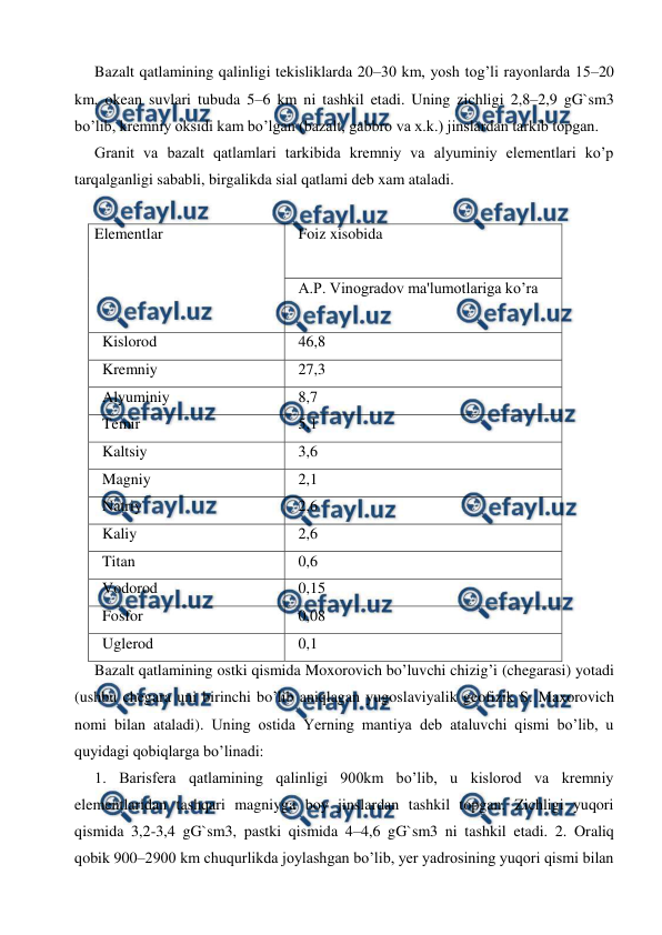  
 
Bazalt qatlamining qalinligi tekisliklarda 20–30 km, yosh tog’li rayonlarda 15–20 
km, okean suvlari tubuda 5–6 km ni tashkil etadi. Uning zichligi 2,8–2,9 gG`sm3 
bo’lib, kremniy oksidi kam bo’lgan (bazalt, gabbro va x.k.) jinslardan tarkib topgan. 
Granit va bazalt qatlamlari tarkibida kremniy va alyuminiy elementlari ko’p 
tarqalganligi sababli, birgalikda sial qatlami deb xam ataladi. 
 
Elementlar  
 
 
  Foiz xisobida 
 
  A.P. Vinogradov ma'lumotlariga ko’ra 
 
  Kislorod 
  46,8 
  Kremniy  
  27,3 
  Alyuminiy 
  8,7 
  Temir 
  5,1 
  Kaltsiy 
  3,6 
  Magniy 
  2,1 
  Natriy 
  2,6 
  Kaliy 
  2,6 
  Titan 
  0,6 
  Vodorod 
  0,15 
  Fosfor 
  0,08 
  Uglerod 
  0,1 
Bazalt qatlamining ostki qismida Moxorovich bo’luvchi chizig’i (chegarasi) yotadi 
(ushbu chegara uni birinchi bo’lib aniqlagan yugoslaviyalik geofizik S. Maxorovich 
nomi bilan ataladi). Uning ostida Yerning mantiya deb ataluvchi qismi bo’lib, u 
quyidagi qobiqlarga bo’linadi:  
1. Barisfera qatlamining qalinligi 900km bo’lib, u kislorod va kremniy 
elementlaridan tashqari magniyga boy jinslardan tashkil topgan. Zichligi yuqori 
qismida 3,2-3,4 gG`sm3, pastki qismida 4–4,6 gG`sm3 ni tashkil etadi. 2. Oraliq 
qobik 900–2900 km chuqurlikda joylashgan bo’lib, yer yadrosining yuqori qismi bilan 
