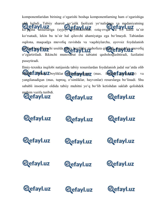  
 
komponentlaridan birining oʻzgarishi boshqa komponentlarning ham oʻzgarishiga 
olib keladi. Tabiiy sharoit xoʻjalik faoliyati yoʻnalishiga va madaniyatning 
koʻpgina unsurlariga (uyjoy, kiyim-kechak, oziq-ovqat va b.) katta taʼsir 
koʻrsatadi, lekin bu taʼsir hal qiluvchi ahamiyatga ega boʻlmaydi. Tabiatdan 
oqilona, maqsadga muvofiq ravishda va vaqshiylarcha, ayovsiz foydalanish 
yoʻllari bor. Birinchi usulda tabiiy boyliklar muhofaza qilinadi, maqsadga muvofiq 
oʻzgartiriladi. Ikkinchi munosabat esa tabiatni qashshoqlashtiradi, fazilatini 
pasaytiradi. 
Ilmiy-texnika inqilobi natijasida tabiiy resurslardan foydalanish jadal surʼatda olib 
borildi. 
Tabiiy 
boyliklar 
tiklanmaydigan 
(mas, 
foydali 
qazilmalar) 
va 
yangilanadigan (mas, tuproq, oʻsimliklar, hayvonlar) resurslarga boʻlinadi. Shu 
sababli insoniyat oldida tabiiy muhitni yoʻq boʻlib ketishdan saklab qolishdek 
muhim vazifa turibdi. 
 
 
 
 
 
 
 
 
 
 
 
 
 
 
 
 
 
