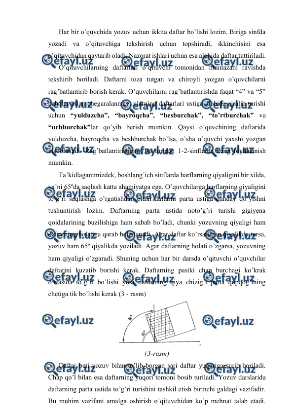  
 
 
Har bir o’quvchida yozuv uchun ikkita daftar bo’lishi lozim. Biriga sinfda 
yozadi va o’qituvchiga tekshirish uchun topshiradi, ikkinchisini esa 
o’qituvchidan qaytarib oladi. Nazorat ishlari uchun esa alohida daftar tuttiriladi.  
 
O’qituvchilarning daftarlari o’qituvchi tomonidan muntazam ravishda 
tekshirib boriladi. Daftarni toza tutgan va chiroyli yozgan o’quvchilarni 
rag’batlantirib borish kerak. O’quvchilarni rag’batlantirishda faqat “4” va “5” 
baholar bilan chegaralanmay, ularning daftarlari ustiga alohida ajralib turishi 
uchun “yulduzcha”, “bayroqcha”, “besburchak”, “to’rtburchak” va 
“uchburchak”lar qo’yib berish mumkin. Qaysi o’quvchining daftarida 
yulduzcha, bayroqcha va beshburchak bo’lsa, o’sha o’quvchi yaxshi yozgan 
hisoblanadi. Rag’batlantirishning bu turidan 1-2-sinflarda keng foydalanish 
mumkin. 
 
Ta’kidlaganimizdek, boshlang’ich sinflarda harflarning qiyaligini bir xilda, 
ya’ni 65ºda saqlash katta ahamiyatga ega. O’quvchilarga harflarning qiyaligini 
to’g’ri saqlashga o’rgatishdan oldin daftarni parta ustiga qanday qo’yishni 
tushuntirish lozim. Daftarning parta ustida noto’g’ri turishi gigiyena 
qoidalarining buzilishiga ham sabab bo’ladi, chunki yozuvning qiyaligi ham 
daftarning holatiga qarab belgilanadi. Agar daftar ko’rsatilgan qiyalikda tursa, 
yozuv ham 65º qiyalikda yoziladi. Agar daftarning holati o’zgarsa, yozuvning 
ham qiyaligi o’zgaradi. Shuning uchun har bir darsda o’qituvchi o’quvchilar 
daftarini kuzatib borishi kerak. Daftarning pastki chap burchagi ko’krak 
o’rtasida to’g’ri bo’lishi yoki daftarning qiya chizig’i parta qopqog’ining 
chetiga tik bo’lishi kerak (3 - rasm) 
 
(3-rasm) 
  
Daftar beti yozuv bilan to’lib borgan sari daftar yuqoriga surib boriladi. 
Chap qo’l bilan esa daftarning yuqori tomoni bosib turiladi. Yozuv darslarida 
daftarning parta ustida to’g’ri turishini tashkil etish birinchi galdagi vazifadir. 
Bu muhim vazifani amalga oshirish o’qituvchidan ko’p mehnat talab etadi. 
