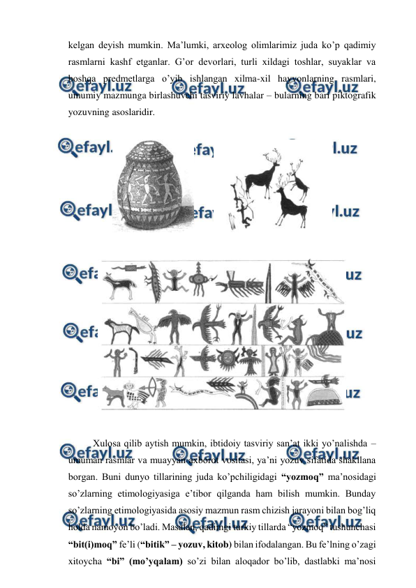  
 
kelgan deyish mumkin. Ma’lumki, arxeolog olimlarimiz juda ko’p qadimiy 
rasmlarni kashf etganlar. G’or devorlari, turli xildagi toshlar, suyaklar va 
boshqa predmetlarga o’yib ishlangan xilma-xil hayvonlarning rasmlari, 
umumiy mazmunga birlashuvchi tasviriy lavhalar – bularning bari piktografik 
yozuvning asoslaridir.  
 
        
 
 
 
 
Xulosa qilib aytish mumkin, ibtidoiy tasviriy san’at ikki yo’nalishda – 
umuman rasmlar va muayyan axborot vositasi, ya’ni yozuv sifatida shakllana 
borgan. Buni dunyo tillarining juda ko’pchiligidagi “yozmoq” ma’nosidagi 
so’zlarning etimologiyasiga e’tibor qilganda ham bilish mumkin. Bunday 
so’zlarning etimologiyasida asosiy mazmun rasm chizish jarayoni bilan bog’liq 
holda namoyon bo’ladi. Masalan, qadimgi turkiy tillarda “yozmoq” tushunchasi 
“bit(i)moq” fe’li (“bitik” – yozuv, kitob) bilan ifodalangan. Bu fe’lning o’zagi 
xitoycha “bi” (mo’yqalam) so’zi bilan aloqador bo’lib, dastlabki ma’nosi 
