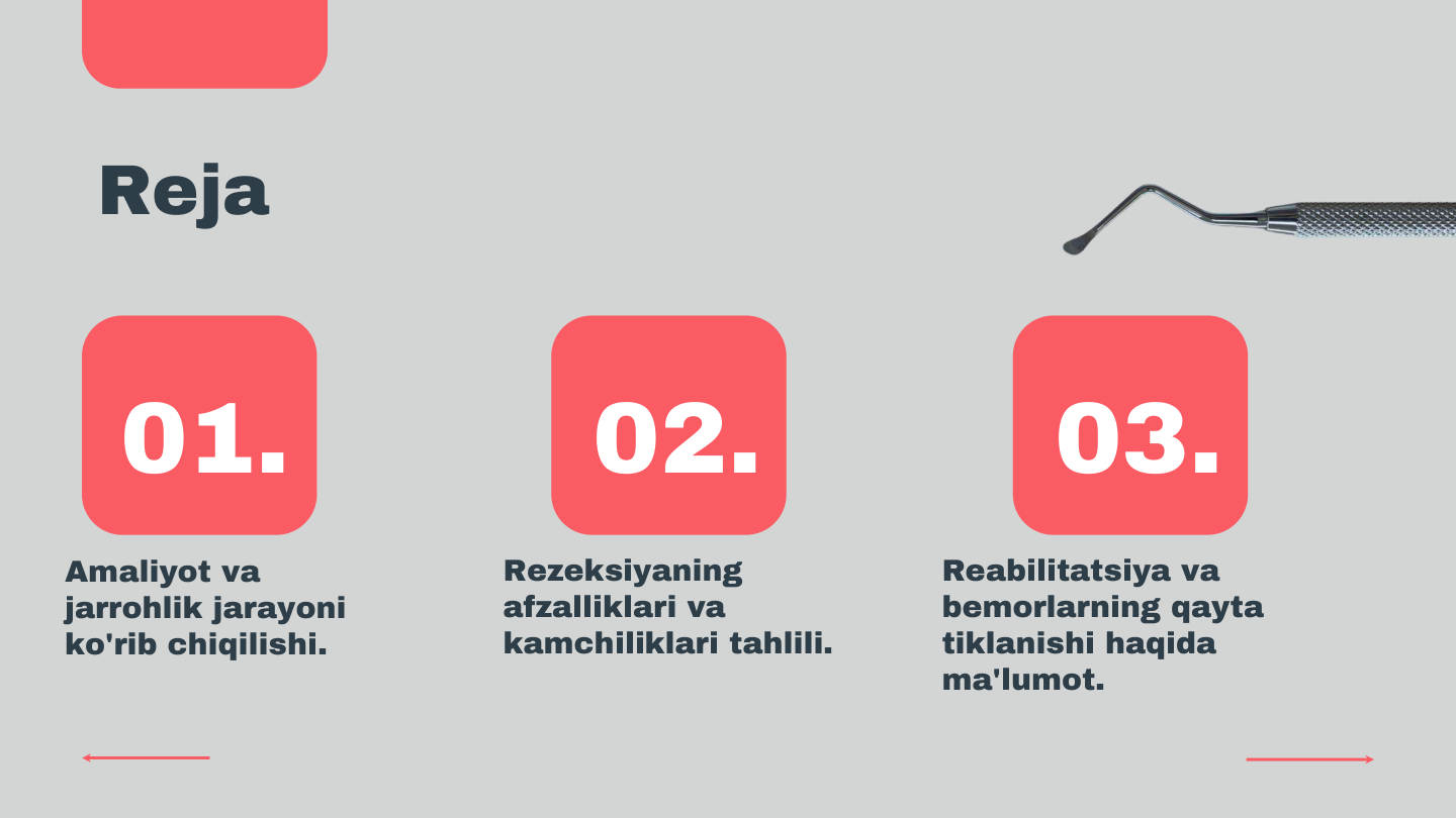 01.
02.
03.
Reja
Amaliyot va 
jarrohlik jarayoni 
ko'rib chiqilishi.
Rezeksiyaning 
afzalliklari va 
kamchiliklari tahlili.
Reabilitatsiya va 
bemorlarning qayta 
tiklanishi haqida 
ma'lumot.
