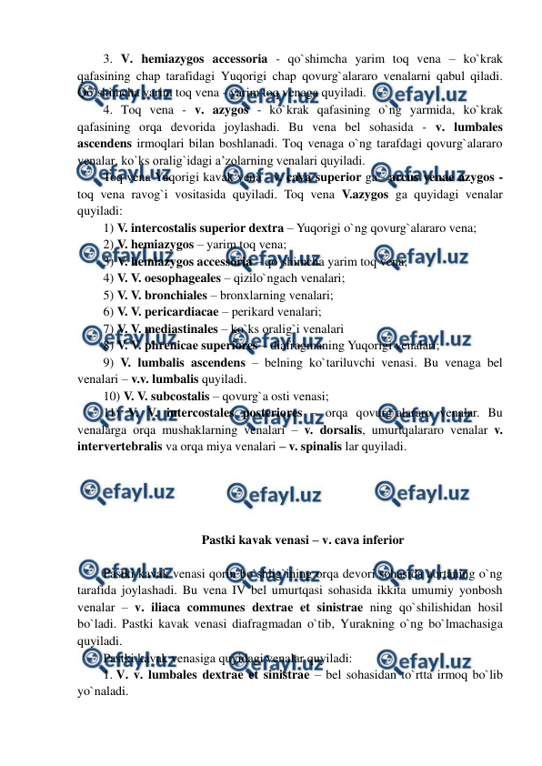  
 
3. V. hemiazygos accessoria - qo`shimcha yarim toq vena – ko`krak 
qafasining chap tarafidagi Yuqorigi chap qovurg`alararo venalarni qabul qiladi. 
Qo`shimcha yarim toq vena - yarim toq venaga quyiladi.  
4. Toq vena - v. azygos - ko`krak qafasining o`ng yarmida, ko`krak 
qafasining orqa devorida joylashadi. Bu vena bel sohasida - v. lumbales 
ascendens irmoqlari bilan boshlanadi. Toq venaga o`ng tarafdagi qovurg`alararo 
venalar, ko`ks oralig`idagi a’zolarning venalari quyiladi.  
Toq vena Yuqorigi kavak vena - v. cava superior ga - arcus venae azygos - 
toq vena ravog`i vositasida quyiladi. Toq vena V.azygos ga quyidagi venalar 
quyiladi: 
1) V. intercostalis superior dextra – Yuqorigi o`ng qovurg`alararo vena; 
2) V. hemiazygos – yarim toq vena;  
3) V. hemiazygos accessoria – qo`shimcha yarim toq vena; 
4) V. V. oesophageales – qizilo`ngach venalari;  
5) V. V. bronchiales – bronxlarning venalari; 
6) V. V. pericardiacae – perikard venalari; 
7) V. V. mediastinales – ko`ks oralig`i venalari  
8) V. V. phrenicae superiores – diafragmaning Yuqorigi venalari;  
9) V. lumbalis ascendens – belning ko`tariluvchi venasi. Bu venaga bel 
venalari – v.v. lumbalis quyiladi. 
10) V. V. subcostalis – qovurg`a osti venasi;  
11) V. V. intercostales posteriores – orqa qovurg`alararo venalar. Bu 
venalarga orqa mushaklarning venalari – v. dorsalis, umurtqalararo venalar v. 
intervertebralis va orqa miya venalari – v. spinalis lar quyiladi.  
 
 
 
 
Pastki kavak venasi – v. cava inferior 
 
Pastki kavak venasi qorin bo`shlig`ining orqa devori sohasida aortaning o`ng 
tarafida joylashadi. Bu vena IV bel umurtqasi sohasida ikkita umumiy yonbosh 
venalar – v. iliaca communes dextrae et sinistrae ning qo`shilishidan hosil 
bo`ladi. Pastki kavak venasi diafragmadan o`tib, Yurakning o`ng bo`lmachasiga 
quyiladi.  
Pastki kavak venasiga quyidagi venalar quyiladi:  
1. V. v. lumbales dextrae et sinistrae – bel sohasidan to`rtta irmoq bo`lib 
yo`naladi.  
