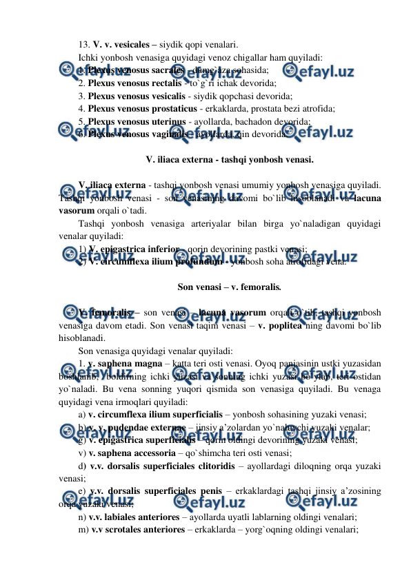  
 
13. V. v. vesicales – siydik qopi venalari.  
Ichki yonbosh venasiga quyidagi venoz chigallar ham quyiladi:  
1. Plexus venosus sacrales - dumg`aza sohasida;  
2. Plexus venosus rectalis - to`g`ri ichak devorida;  
3. Plexus venosus vesicalis - siydik qopchasi devorida;  
4. Plexus venosus prostaticus - erkaklarda, prostata bezi atrofida;  
5. Plexus venosus uterinus - ayollarda, bachadon devorida;  
6. Plexus venosus vaginalis - ayollarda, qin devorida.  
 
V. iliaca externa - tashqi yonbosh venasi. 
 
V. iliaca externa - tashqi yonbosh venasi umumiy yonbosh venasiga quyiladi. 
Tashqi yonbosh venasi - son venasining davomi bo`lib hisoblanadi va lacuna 
vasorum orqali o`tadi.  
Tashqi yonbosh venasiga arteriyalar bilan birga yo`naladigan quyidagi 
venalar quyiladi:  
1) V. epigastrica inferior - qorin devorining pastki venasi;  
2) V. circumflexa ilium profundum - yonbosh soha atrofidagi vena.  
 
Son venasi – v. femoralis. 
 
V. femoralis – son venasi – lacuna vasorum orqali o`tib, tashqi yonbosh 
venasiga davom etadi. Son venasi taqim venasi – v. poplitea ning davomi bo`lib 
hisoblanadi.  
Son venasiga quyidagi venalar quyiladi:  
1. v. saphena magna – katta teri osti venasi. Oyoq panjasinin ustki yuzasidan 
boshlanib,  boldirning ichki yuzasi va sonning ichki yuzasi bo`ylab, teri ostidan 
yo`naladi. Bu vena sonning yuqori qismida son venasiga quyiladi. Bu venaga 
quyidagi vena irmoqlari quyiladi:  
a) v. circumflexa ilium superficialis – yonbosh sohasining yuzaki venasi;  
b) v. v. pudendae externae – jinsiy a’zolardan yo`naluvchi yuzaki venalar;  
g) v. epigastrica superficialis – qorin oldingi devorining yuzaki venasi;  
v) v. saphena accessoria – qo`shimcha teri osti venasi;  
d) v.v. dorsalis superficiales clitoridis – ayollardagi diloqning orqa yuzaki 
venasi;  
e) v.v. dorsalis superficiales penis – erkaklardagi tashqi jinsiy a’zosining 
orqa yuzaki venasi;  
n) v.v. labiales anteriores – ayollarda uyatli lablarning oldingi venalari;  
m) v.v scrotales anteriores – erkaklarda – yorg`oqning oldingi venalari;  
