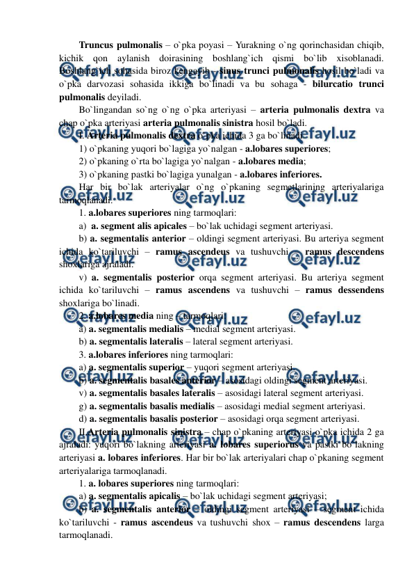  
 
Truncus pulmonalis – o`pka poyasi – Yurakning o`ng qorinchasidan chiqib, 
kichik qon aylanish doirasining boshlang`ich qismi bo`lib xisoblanadi. 
Boshlang`ich sohasida biroz kengayib - sinus trunci pulmonalis hosil bo`ladi va 
o`pka darvozasi sohasida ikkiga bo`linadi va bu sohaga - bilurcatio trunci 
pulmonalis deyiladi. 
Bo`lingandan so`ng o`ng o`pka arteriyasi – arteria pulmonalis dextra va 
chap o`pka arteriyasi arteria pulmonalis sinistra hosil bo`ladi.  
I. Arteria pulmonalis dextra o`pka ichida 3 ga bo`linadi  
1) o`pkaning yuqori bo`lagiga yo`nalgan - a.lobares superiores;  
2) o`pkaning o`rta bo`lagiga yo`nalgan - a.lobares media;  
3) o`pkaning pastki bo`lagiga yunalgan - a.lobares inferiores.  
Har bir bo`lak arteriyalar o`ng o`pkaning segmetlarining arteriyalariga 
tarmoqlanadi. 
1. a.lobares superiores ning tarmoqlari:  
a)  a. segment alis apicales – bo`lak uchidagi segment arteriyasi. 
b) a. segmentalis anterior – oldingi segment arteriyasi. Bu arteriya segment 
ichida ko`tariluvchi – ramus ascendeus va tushuvchi – ramus descendens 
shoxlariga ajraladi.  
v) a. segmentalis posterior orqa segment arteriyasi. Bu arteriya segment 
ichida ko`tariluvchi – ramus ascendens va tushuvchi – ramus dessendens 
shoxlariga bo`linadi. 
2. a.lobares media ning – tarmoqlari: 
a) a. segmentalis medialis – medial segment arteriyasi. 
b) a. segmentalis lateralis – lateral segment arteriyasi. 
3. a.lobares inferiores ning tarmoqlari:  
a) a. segmentalis superior – yuqori segment arteriyasi. 
b) a. segmentalis basales anterior – asosidagi oldingi segment arteriyasi. 
v) a. segmentalis basales lateralis – asosidagi lateral segment arteriyasi.  
g) a. segmentalis basalis medialis – asosidagi medial segment arteriyasi. 
d) a. segmentalis basalis posterior – asosidagi orqa segment arteriyasi. 
II.Arteria pulmonalis sinistra – chap o`pkaning arteriyasi o`pka ichida 2 ga 
ajraladi: yuqori bo`lakning arteriyasi a. lobares superiorus va pastki bo`lakning 
arteriyasi a. lobares inferiores. Har bir bo`lak arteriyalari chap o`pkaning segment 
arteriyalariga tarmoqlanadi. 
1. a. lobares superiores ning tarmoqlari: 
a) a. segmentalis apicalis – bo`lak uchidagi segment arteriyasi; 
b) a. segmentalis anterior – oldingi segment arteriyasi – segment ichida 
ko`tariluvchi - ramus ascendeus va tushuvchi shox – ramus descendens larga 
tarmoqlanadi. 
