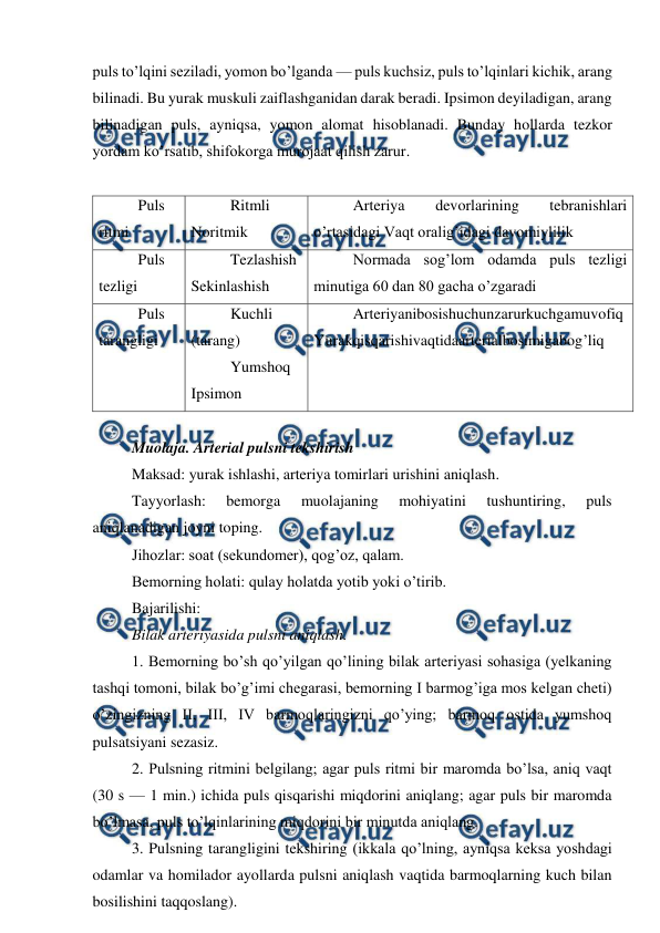  
 
puls to’lqini seziladi, yomon bo’lganda — puls kuchsiz, puls to’lqinlari kichik, arang 
bilinadi. Bu yurak muskuli zaiflashganidan darak beradi. Ipsimon deyiladigan, arang 
bilinadigan puls, ayniqsa, yomon alomat hisoblanadi. Bunday hollarda tezkor 
yordam ko’rsatib, shifokorga murojaat qilish zarur. 
 
Puls 
ritmi  
Ritmli 
Noritmik  
Arteriya 
devorlarining 
tebranishlari 
o’rtasidagi Vaqt oralig’idagi davomiylilik  
Puls 
tezligi  
Tezlashish 
Sekinlashish  
Normada sog’lom odamda puls tezligi 
minutiga 60 dan 80 gacha o’zgaradi  
Puls 
tarangligi  
Kuchli 
(tarang)  
Yumshoq 
Ipsimon  
Arteriyanibosishuchunzarurkuchgamuvofiq
Yurakqisqarishivaqtidaarterialbosimigabog’liq 
 
Muolaja. Arterial pulsni tekshirish  
Maksad: yurak ishlashi, arteriya tomirlari urishini aniqlash.  
Tayyorlash: 
bemorga 
muolajaning 
mohiyatini 
tushuntiring, 
puls 
aniqlanadigan joyni toping.  
Jihozlar: soat (sekundomer), qog’oz, qalam.  
Bemorning holati: qulay holatda yotib yoki o’tirib.  
Bajarilishi:  
Bilak arteriyasida pulsni aniqlash.  
1. Bemorning bo’sh qo’yilgan qo’lining bilak arteriyasi sohasiga (yelkaning 
tashqi tomoni, bilak bo’g’imi chegarasi, bemorning I barmog’iga mos kelgan cheti) 
o’zingizning II, III, IV barmoqlaringizni qo’ying; barmoq ostida yumshoq 
pulsatsiyani sezasiz.  
2. Pulsning ritmini belgilang; agar puls ritmi bir maromda bo’lsa, aniq vaqt 
(30 s — 1 min.) ichida puls qisqarishi miqdorini aniqlang; agar puls bir maromda 
bo’lmasa, puls to’lqinlarining miqdorini bir minutda aniqlang.  
3. Pulsning tarangligini tekshiring (ikkala qo’lning, ayniqsa keksa yoshdagi 
odamlar va homilador ayollarda pulsni aniqlash vaqtida barmoqlarning kuch bilan 
bosilishini taqqoslang).  
