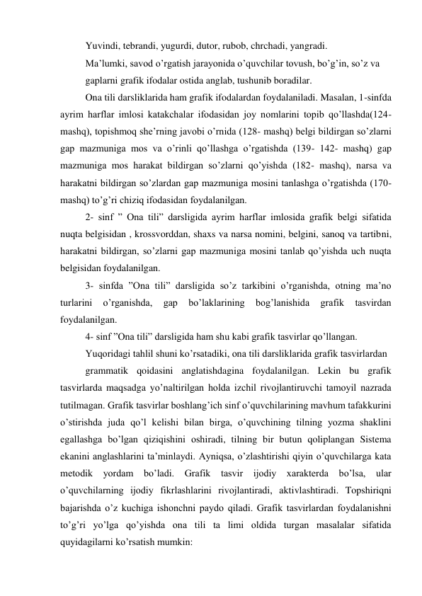 Yuvindi, tebrandi, yugurdi, dutor, rubob, chrchadi, yangradi. 
Ma’lumki, savod o’rgatish jarayonida o’quvchilar tovush, bo’g’in, so’z va 
gaplarni grafik ifodalar ostida anglab, tushunib boradilar. 
Ona tili darsliklarida ham grafik ifodalardan foydalaniladi. Masalan, 1-sinfda 
ayrim harflar imlosi katakchalar ifodasidan joy nomlarini topib qo’llashda(124- 
mashq), topishmoq she’rning javobi o’rnida (128- mashq) belgi bildirgan so’zlarni 
gap mazmuniga mos va o’rinli qo’llashga o’rgatishda (139- 142- mashq) gap 
mazmuniga mos harakat bildirgan so’zlarni qo’yishda (182- mashq), narsa va 
harakatni bildirgan so’zlardan gap mazmuniga mosini tanlashga o’rgatishda (170- 
mashq) to’g’ri chiziq ifodasidan foydalanilgan. 
2- sinf ” Ona tili” darsligida ayrim harflar imlosida grafik belgi sifatida 
nuqta belgisidan , krossvorddan, shaxs va narsa nomini, belgini, sanoq va tartibni, 
harakatni bildirgan, so’zlarni gap mazmuniga mosini tanlab qo’yishda uch nuqta 
belgisidan foydalanilgan. 
3- sinfda ”Ona tili” darsligida so’z tarkibini o’rganishda, otning ma’no 
turlarini 
o’rganishda, 
gap 
bo’laklarining 
bog’lanishida 
grafik 
tasvirdan 
foydalanilgan. 
4- sinf ”Ona tili” darsligida ham shu kabi grafik tasvirlar qo’llangan. 
Yuqoridagi tahlil shuni ko’rsatadiki, ona tili darsliklarida grafik tasvirlardan 
grammatik qoidasini anglatishdagina foydalanilgan. Lekin bu grafik 
tasvirlarda maqsadga yo’naltirilgan holda izchil rivojlantiruvchi tamoyil nazrada 
tutilmagan. Grafik tasvirlar boshlang’ich sinf o’quvchilarining mavhum tafakkurini 
o’stirishda juda qo’l kelishi bilan birga, o’quvchining tilning yozma shaklini 
egallashga bo’lgan qiziqishini oshiradi, tilning bir butun qoliplangan Sistema 
ekanini anglashlarini ta’minlaydi. Ayniqsa, o’zlashtirishi qiyin o’quvchilarga kata 
metodik yordam bo’ladi. Grafik tasvir ijodiy xarakterda bo’lsa, ular 
o’quvchilarning ijodiy fikrlashlarini rivojlantiradi, aktivlashtiradi. Topshiriqni 
bajarishda o’z kuchiga ishonchni paydo qiladi. Grafik tasvirlardan foydalanishni 
to’g’ri yo’lga qo’yishda ona tili ta limi oldida turgan masalalar sifatida 
quyidagilarni ko’rsatish mumkin:  
